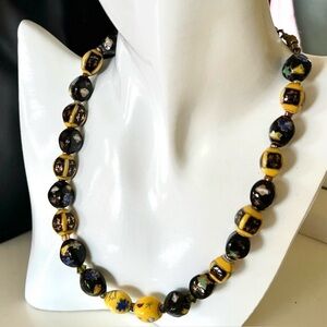 🎁Glass Bead Statement Necklace•Vintage Artisan•Chinese Lantern•BlackYellow Gold